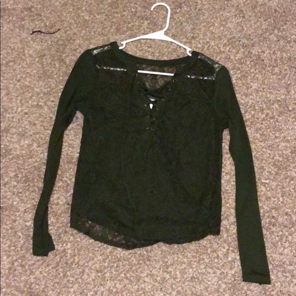 Green long sleeve lace tie front top